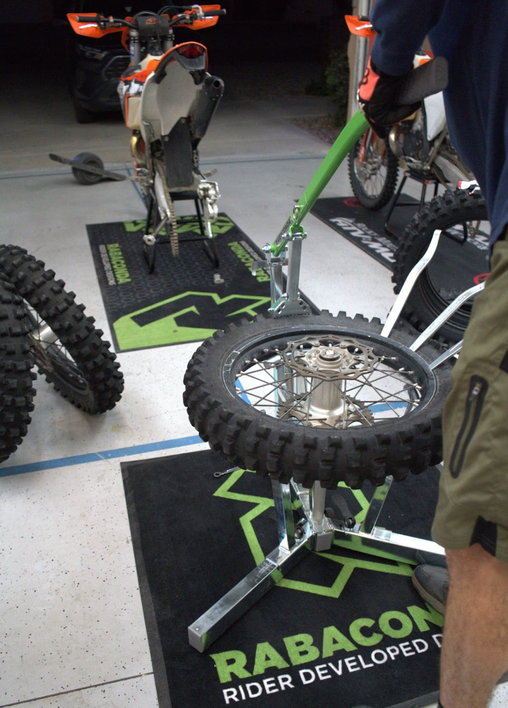 Portable dirt bike tire changer setup for fast and easy motorcycle tire changes