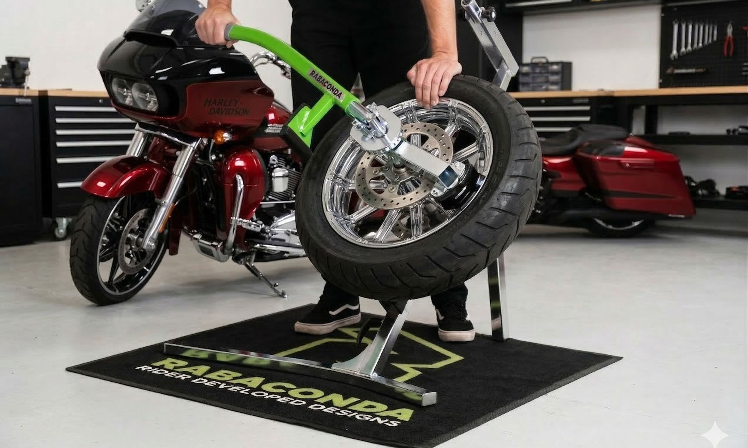 Harley-Davidson tire and wheel secured on a Rabaconda Street Bike Tire Changer