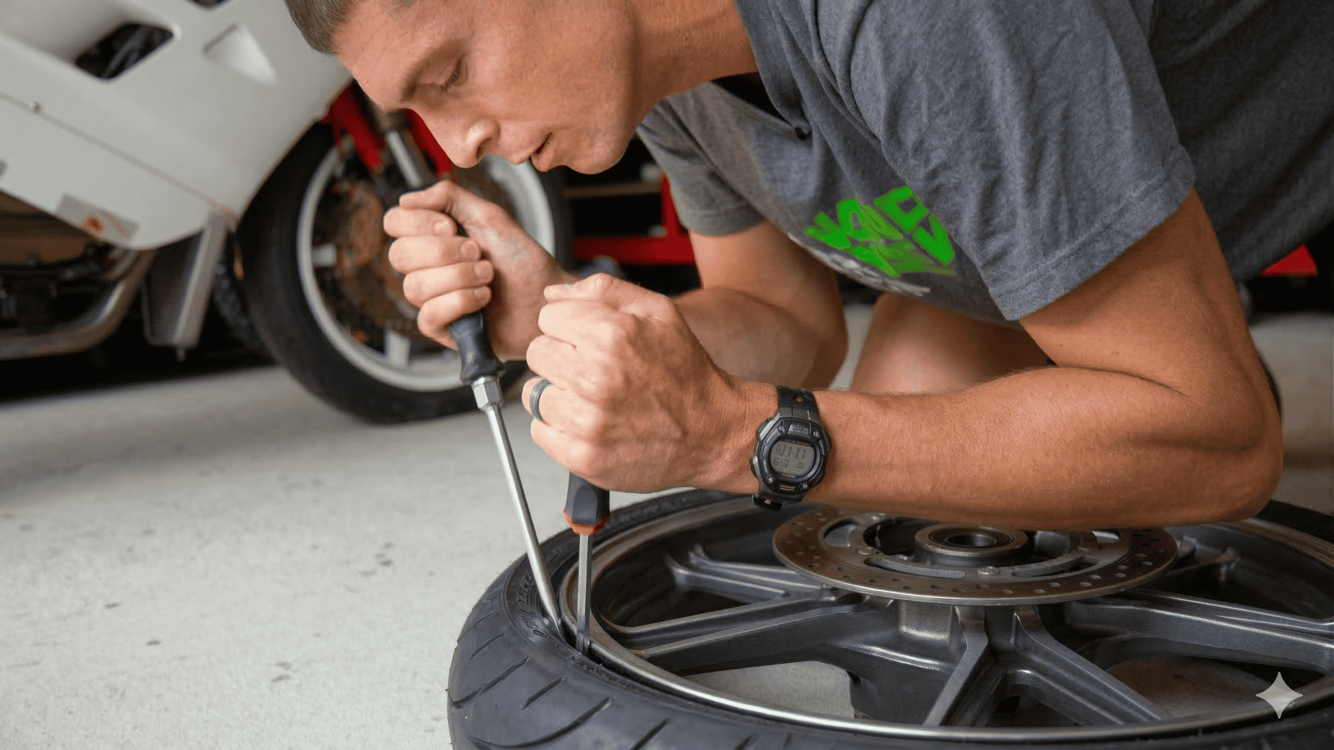 Changing motorcycle tires at home in the garage